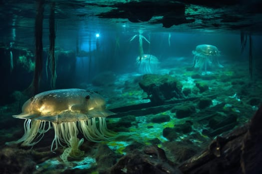 On a quiet evening, the ocean's surface acts as a mirror for a surreal and mysterious twilight seascape. Bioluminescent jellyfish drift through the water, casting an eerie glow on the ancient shipwreck that rests on the ocean floor. It is a place of wonder and beauty, yet also a place where nature's power over man is evident. (generative AI)