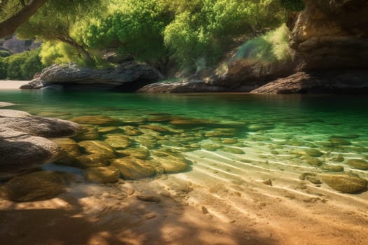In a hidden cove, you'll find tranquility and peace in an otherwise chaotic world. The crystal clear waters lap gently against the golden sand, creating a serene and calming environment. With its sharp focus and high resolution, this photorealistic depiction captures every detail perfectly. Warm tones and lovely contrast make this scene especially appealing. (generative AI)