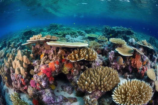 Decorate your space with the breathtaking beauty of this vibrant coral reef. The artwork masterfully captures a whimsical blend of colors and textures making this underwater environment an unforgettable masterpiece. (generative AI)