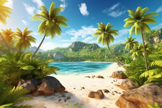 The crystal-clear blue waters and pristine white sand beaches of this tropical paradise are like nothing ever seen before. The vibrant colors of the landscape create a bright and dynamic scene, highlighted by the clear and sharp focus of the wide-angle composition. (generative AI)