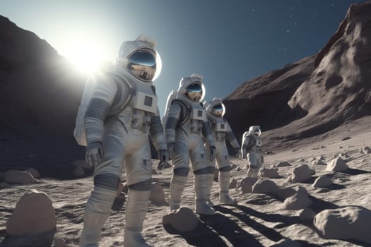 A team of intrepid astronauts don their spacesuits and set out to explore the uncharted terrain of a new planet. The futuristic spacecraft they arrived in hovers above the barren landscape, ready to provide whatever support they may need during their journey. (generative AI)
