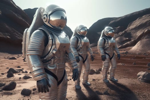 A team of intrepid astronauts don their spacesuits and set out to explore the uncharted terrain of a new planet. The futuristic spacecraft they arrived in hovers above the barren landscape, ready to provide whatever support they may need during their journey. (generative AI)