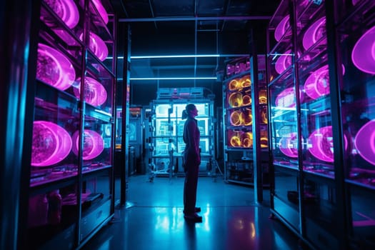 Enter the cutting-edge of technological innovation with this stunning photo scene of a tech startup working on the latest breakthroughs in artificial intelligence. Against a backdrop of futuristic laboratory technology, the team works with dedication and precision, delving deep into the possibilities of AI. With natural posing and dramatic lighting, this scene captures the essence of bold and innovative tech companies. (generative AI)