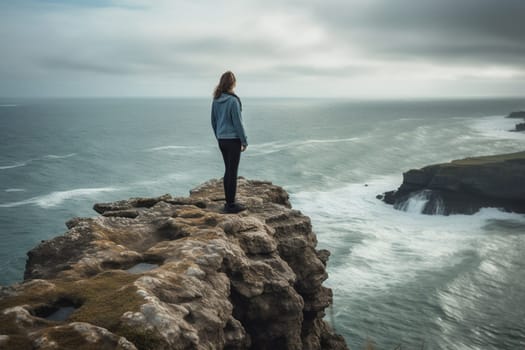 A woman stands at the edge of a cliff, looking out over a vast expanse of water that stretches as far as the eye can see. The restless waves and shifting clouds create a contemplative atmosphere that is both peaceful and powerful. This scene can evoke feelings of freedom, restlessness, and a sense of being alive. (generative AI)