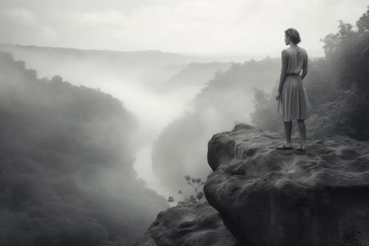 A woman stands at the edge of a rocky cliff, overlooking a misty valley below. The scene is ethereal and mysterious, with a monochromatic quality to the light. It is both majestic and powerful, evoking feelings of contemplation and reflection. This scene can evoke feelings of awe, reflection, and wonder. (generative AI)