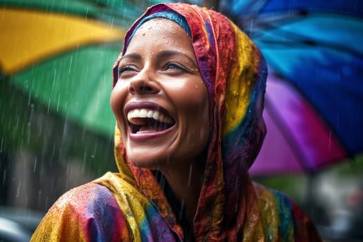 A woman stands in the middle of a downpour, screaming with joy as raindrops fall around her. The vibrant colors of her clothing and the natural surroundings create an energetic and dynamic scene. This scene can evoke feelings of pure joy, exhilaration, and freedom. (generative AI)