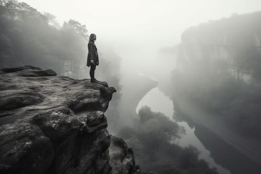 A woman stands at the edge of a rocky cliff, overlooking a misty valley below. The scene is ethereal and mysterious, with a monochromatic quality to the light. It is both majestic and powerful, evoking feelings of contemplation and reflection. This scene can evoke feelings of awe, reflection, and wonder. (generative AI)