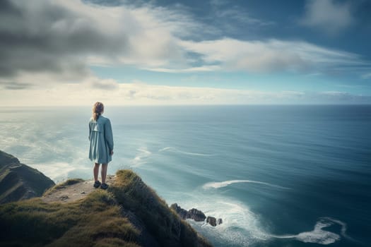 A woman stands at the edge of a cliff, looking out over a vast expanse of water that stretches as far as the eye can see. The restless waves and shifting clouds create a contemplative atmosphere that is both peaceful and powerful. This scene can evoke feelings of freedom, restlessness, and a sense of being alive. (generative AI)
