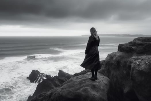 A woman stands on a rocky cliff, looking out at the vast sea before her. The scene is stoic and monochromatic, with a powerful sense of majesty and drama. This scene can evoke feelings of contemplation, serenity, and awe. (generative AI)
