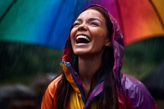 A woman stands in the middle of a downpour, screaming with joy as raindrops fall around her. The vibrant colors of her clothing and the natural surroundings create an energetic and dynamic scene. This scene can evoke feelings of pure joy, exhilaration, and freedom. (generative AI)