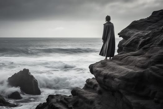A woman stands on a rocky cliff, looking out at the vast sea before her. The scene is stoic and monochromatic, with a powerful sense of majesty and drama. This scene can evoke feelings of contemplation, serenity, and awe. (generative AI)