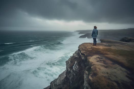 A woman stands on the edge of a cliff, looking out over a stormy sea that rages below. The scene is dramatic and turbulent, with the power of nature overwhelming the senses. The woman is in a state of introspection, lost in the vastness of the sea and the power of the storm. This scene can evoke feelings of drama, introspection, and awe at the power of nature. (generative AI)