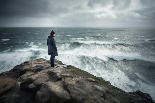 A woman stands on the edge of a cliff, looking out over a stormy sea that rages below. The scene is dramatic and turbulent, with the power of nature overwhelming the senses. The woman is in a state of introspection, lost in the vastness of the sea and the power of the storm. This scene can evoke feelings of drama, introspection, and awe at the power of nature. (generative AI)