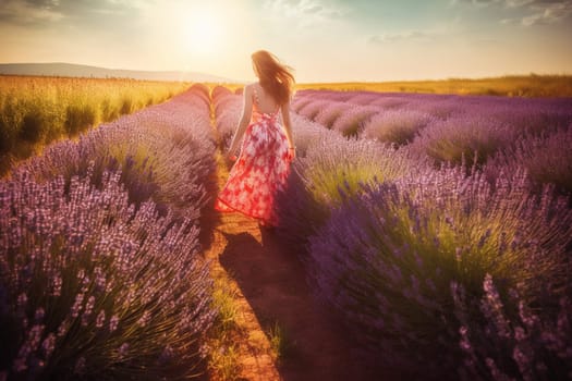 A woman walks through a sun-drenched lavender field, with a colorful and dreamy quality to the light. The scene is cozy and cheerful, evoking the warmth and romance of summer. This scene can evoke feelings of hopefulness and an appreciation for the beauty of nature. (generative AI)
