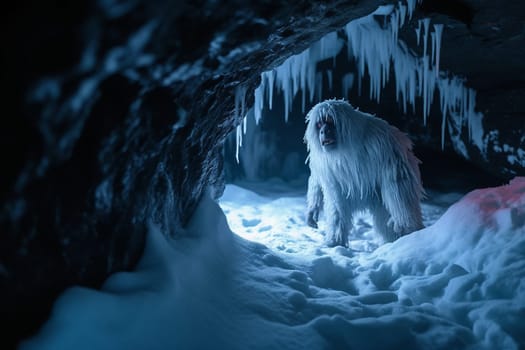 A legendary creature from Himalayan folklore, the yeti is a mysterious and elusive creature. In this dramatic scene, a yeti emerges from a snowy cave in a frozen tundra, creating a terrifying and awe-inspiring display of power and mystery. (generative AI)