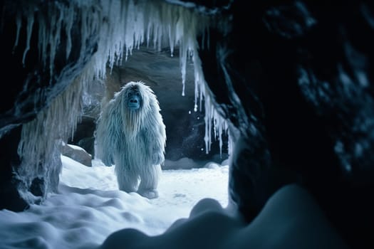 A legendary creature from Himalayan folklore, the yeti is a mysterious and elusive creature. In this dramatic scene, a yeti emerges from a snowy cave in a frozen tundra, creating a terrifying and awe-inspiring display of power and mystery. (generative AI)