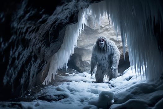 A legendary creature from Himalayan folklore, the yeti is a mysterious and elusive creature. In this dramatic scene, a yeti emerges from a snowy cave in a frozen tundra, creating a terrifying and awe-inspiring display of power and mystery. (generative AI)