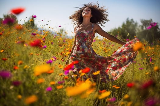 A woman dances freely in a sun-drenched field of flowers, her body moving to the rhythm of the wind. The scene is full of vibrant colors and energy, with the natural beauty of the flowers enhancing the joyful spirit of the moment. The woman is in a state of pure happiness, embracing the freedom of movement and the joy of being alive. This scene can evoke feelings of playfulness, energy, and happiness. (generative AI)