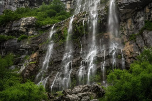 A waterfall tumbles down a rocky mountain face, creating a thunderous roar that fills the air. The mist from the water shrouds the scene in a serene and refreshing atmosphere. The deep greens of the surrounding foliage and the blues of the water create a calming and natural scene. This scene evokes feelings of power, awe, rejuvenation, and connection with nature. (generative AI)