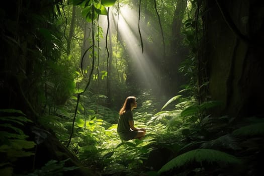 A woman sits cross-legged in a peaceful forest, eyes closed and taking slow, deep breaths. Sunlight streams through the leaves, casting dappled shadows on the ground. The scene is tranquil and calming, evoking feelings of inner peace and relaxation. (generative AI)