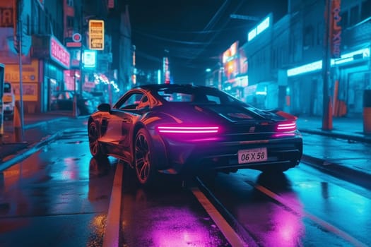 A sleek, aerodynamic electric car races through the city streets, its bright headlights illuminating the neon lights of the futuristic architecture surrounding it. The car is silently propelled by its advanced electric motors, leaving no trace of pollution in its wake. (generative AI)