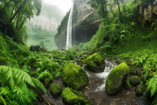 Experience the awe-inspiring beauty of a massive waterfall surrounded by dense green forests. The sharp focus, panoramic perspective, and photorealistic nature of the shot make it a must-have for landscape photography enthusiasts. (generative AI)