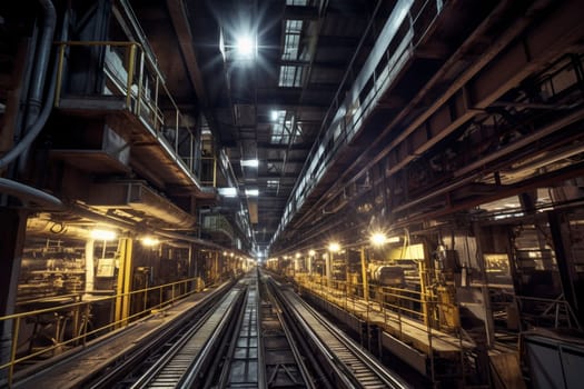 Behind the scenes of the modern economy lies a vast network of warehouses, factories, and distribution centers where goods are processed, packaged, and shipped around the world. This industrial warehouse is home to an intricate network of conveyor belts, robotic arms, and other high-tech machinery that keeps the flow of goods moving around the clock. (generative AI)