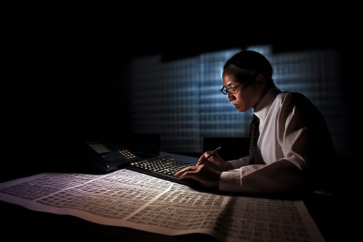 Go behind the scenes of the financial world with this stunning photo scene of an accountant hard at work. Against a neutral and minimalistic studio setting, the accountant works with precision and focus, delving deep into numbers and financial data. With natural posing and professional lighting, this scene captures the dedication and detail-orientation of the financial world. (generative AI)