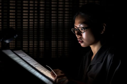 Go behind the scenes of the financial world with this stunning photo scene of an accountant hard at work. Against a neutral and minimalistic studio setting, the accountant works with precision and focus, delving deep into numbers and financial data. With natural posing and professional lighting, this scene captures the dedication and detail-orientation of the financial world. (generative AI)