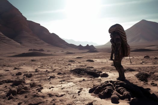 A mysterious alien creature roams the desolate and otherworldly landscape of an unknown planet. The scene is eerie and evokes a sense of wonder and exploration as a viewer has a glimpse into the vast world beyond our planet. (generative AI)