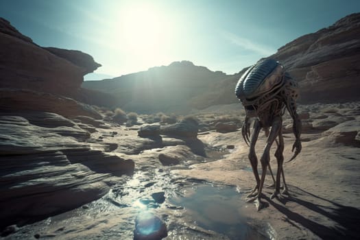 A mysterious alien creature roams the desolate and otherworldly landscape of an unknown planet. The scene is eerie and evokes a sense of wonder and exploration as a viewer has a glimpse into the vast world beyond our planet. (generative AI)