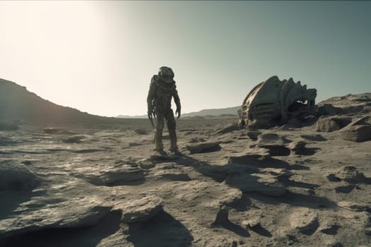 A mysterious alien creature roams the desolate and otherworldly landscape of an unknown planet. The scene is eerie and evokes a sense of wonder and exploration as a viewer has a glimpse into the vast world beyond our planet. (generative AI)