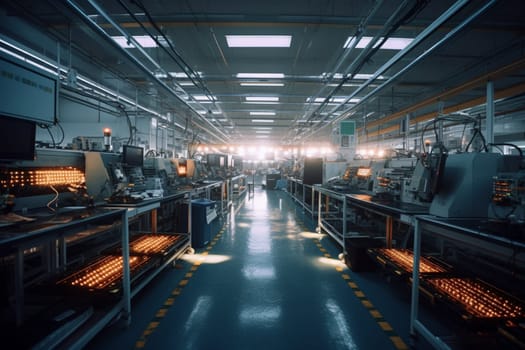 The world of electronics and technology is driven by innovation and speed, and this assembly line captures the energy and precision required to create next-generation devices. The factory hums with activity as engineers and technicians work together to produce top-of-the-line electronics that will shape the future of the industry. (generative AI)