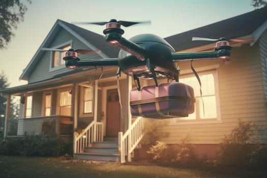 A sleek, futuristic drone soars through the skies, making a delivery to a suburban home. The machine's design is sleek and aerodynamic, with advanced sensors that help it navigate complex environments. The package it delivers is carefully stored in a compartment on the underside of the drone. (generative AI)
