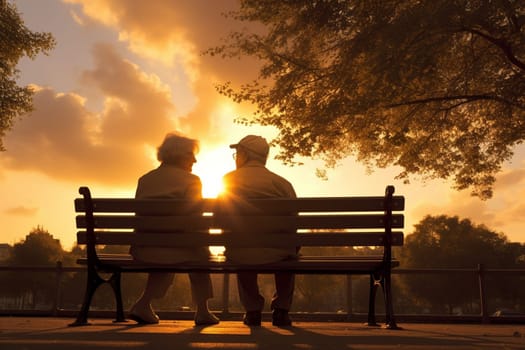 An elderly couple sits on a park bench, holding hands as they watch the sun set. The golden light of the evening casts a warm glow on the scene, creating a peaceful and tender moment. This scene can evoke feelings of nostalgia, hopefulness, and romance. (generative AI)