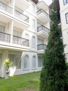 Summer sunlight building facade outdoors, stock photo