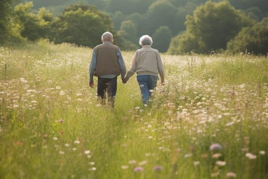 An elderly couple holds hands as they walk through a peaceful meadow, the soft colors of the pastel countryside surrounding them. The scene is warm and sentimental, with the beauty of nature enhancing the couple's love and affection for each other. The couple is in a state of peace, embracing the beauty of their surroundings and the love they share. This scene can evoke feelings of nostalgia, warmth, and affection. (generative AI)