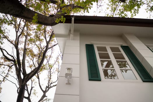 Summer sunlight building facade outdoors, stock photo