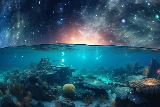 This otherworldly ocean is like nothing on Earth, with glowing sea creatures and a nebula-filled sky overhead. The dreamy and ethereal atmosphere is created by the vibrant colors and panoramic view of the scene, while the sci-fi and extraterrestrial quality adds an extra touch of mystery. (generative AI)