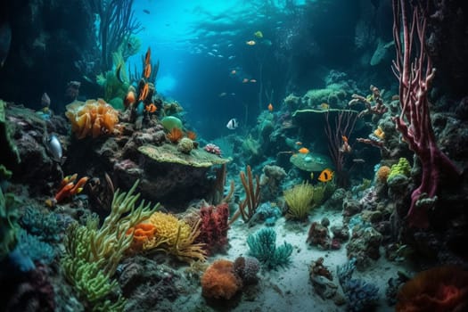 This mysterious underwater volcanic landscape is a striking example of natural beauty. The sharp focus and vivid colors of the sea creatures create a surreal contrast against the volcanic landscape, making this scene truly unique. This scene is best captured using specialized underwater photography techniques and equipment. (generative AI)