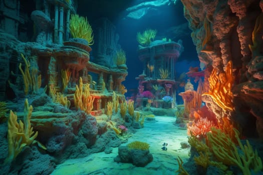 In this underwater city, colorful coral formations, exotic schools of fish, and ancient ruins create an otherworldly landscape. The wide-angle view and sharp focus capture the rich colors and vibrant neon lighting of this surreal scene. (generative AI)