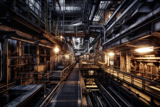 Behind the scenes of the modern economy lies a vast network of warehouses, factories, and distribution centers where goods are processed, packaged, and shipped around the world. This industrial warehouse is home to an intricate network of conveyor belts, robotic arms, and other high-tech machinery that keeps the flow of goods moving around the clock. (generative AI)