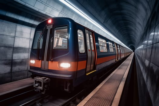 An underground subway train races through a dark tunnel, its sleek design blending seamlessly with the bustling city above. The passengers aboard the train are a diverse mix of people, all united in their desire to get to their destination quickly and safely. (generative AI)