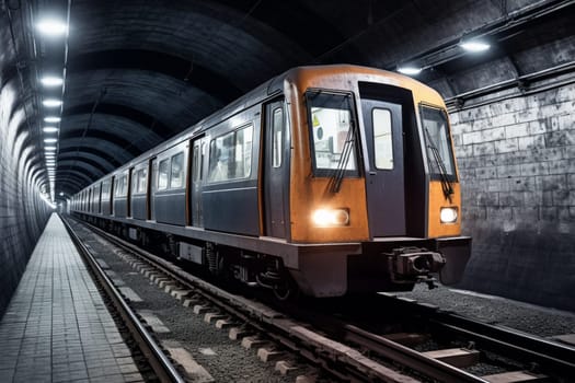 An underground subway train races through a dark tunnel, its sleek design blending seamlessly with the bustling city above. The passengers aboard the train are a diverse mix of people, all united in their desire to get to their destination quickly and safely. (generative AI)