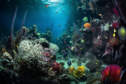 This mysterious underwater volcanic landscape is a striking example of natural beauty. The sharp focus and vivid colors of the sea creatures create a surreal contrast against the volcanic landscape, making this scene truly unique. This scene is best captured using specialized underwater photography techniques and equipment. (generative AI)