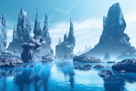 This otherworldly and futuristic landscape features massive rock formations that seem to rise out of the calm, blue waters. Floating islands add to the surreal and dreamlike atmosphere, while the blue tones and high contrast create a striking and unforgettable scene. (generative AI)