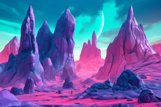 This incredible landscape is from an extraterrestrial world where brilliantly blue rock formations tower above, contrasting against a vibrant purple bluish sky. The very essence of alien beauty captured in stunning high quality photography. (generative AI)