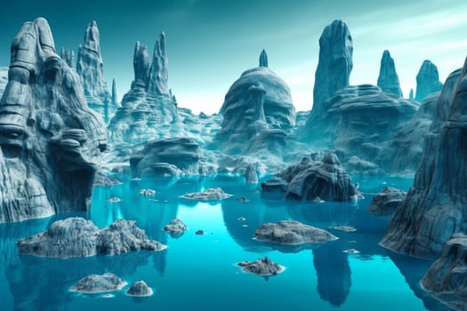 This otherworldly and futuristic landscape features massive rock formations that seem to rise out of the calm, blue waters. Floating islands add to the surreal and dreamlike atmosphere, while the blue tones and high contrast create a striking and unforgettable scene. (generative AI)