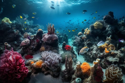 This mysterious underwater volcanic landscape is a striking example of natural beauty. The sharp focus and vivid colors of the sea creatures create a surreal contrast against the volcanic landscape, making this scene truly unique. This scene is best captured using specialized underwater photography techniques and equipment. (generative AI)