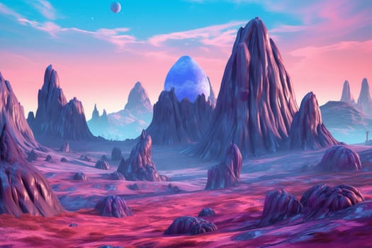This incredible landscape is from an extraterrestrial world where brilliantly blue rock formations tower above, contrasting against a vibrant purple bluish sky. The very essence of alien beauty captured in stunning high quality photography. (generative AI)